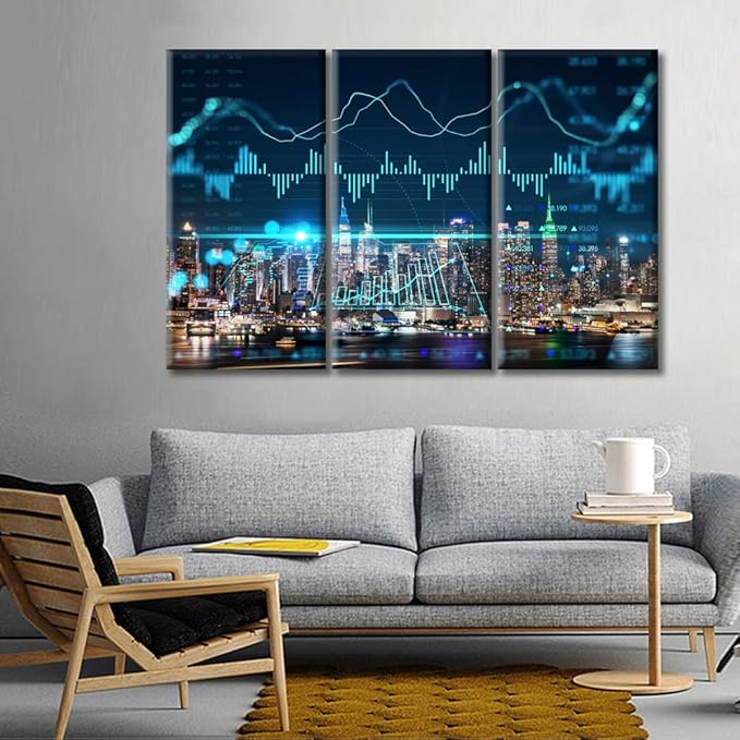 New York Forex Graph Hologram Home Decor Art Prints Living Room Wall Decor 3 Panel Concept of Internet Trading Brokerage Artwork Modern Home Decor Print on Canvas Framed Ready to Hang (36"Wx24"H)