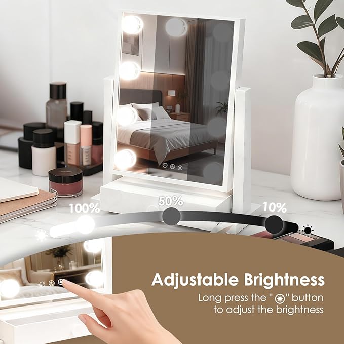 Vanity Mirror with Lights, Vanity Makeup Mirror with 9 Dimmable LED Bulbs, 3 Color Lighting Modes, Detachable 5X Magnification, LED Vanity Mirror with Drawer, Smart Touch Control,White