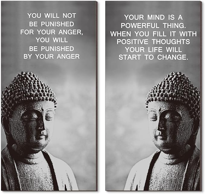 Blulu 2 Pcs Buddha Quote Decor Buddha Inspirational Quote Wall Art Meditation Room Chakra Decor Zen Wooden Hanging, Spiritual Gift for Home Yoga Living Room Women(Start to Change)