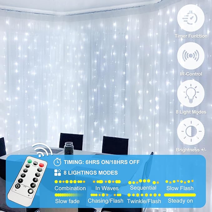 200 LED Fairy Curtain Lights, 6.6 x 6.6 FT Warm White USB Plug in 8 Modes String Hanging Lights with Remote for Christmas, Bedroom, Indoor, Outdoor, Weddings, Party (Cold White)