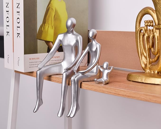 Quoowiit Bookshelf Decor Family Statue, Abstract Miniature Figurines Home Decor, Modern Aesthetic Shelf Decorations for Office Desk Table Desk Living Room Book Shelf Bedroom Entry Set of 3 - Silver