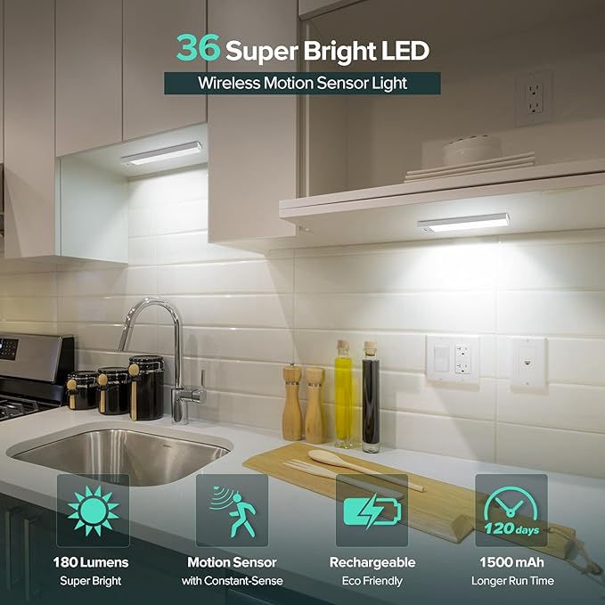 Alivation 36 LED Closet Light Motion Sensored Battery Powered LED Lights, Under Cabinet Lighting, Motion Sensor Light Indoor, Ultra Thin Wireless 1500mah Rechargeable Battery Operated, 2 Sensor Modes