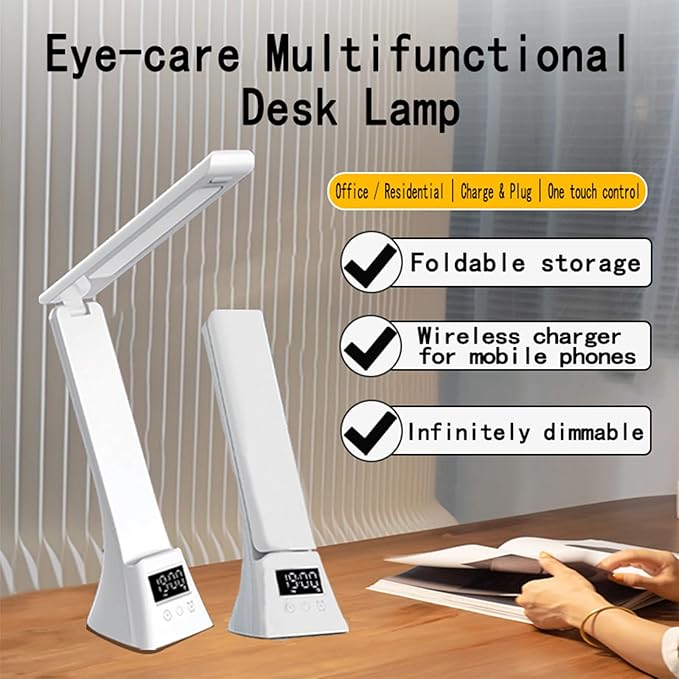 All-in-One Wireless Charging Desk Lamp with Digital Clock & Alarm, 15W Fast Phone Charger, 3 Color Lighting Modes, 180° Foldable, Touch Control for Bedroom, Office,TYV-2088 White.