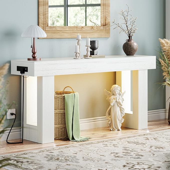 Unikito 63'' Farmhouse Console Table with Power Outlets and Sensor Light, Wooden Entryway Table with Storage, Rectangular Sofa Tables Behind The Couch for Entrance, Hallway, Living Room, Antique White