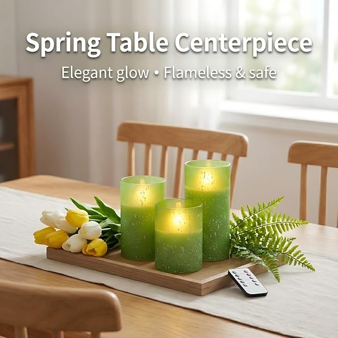 Green Flameless Candles with Remote, Glass Flickering Battery Operated LED Pillar Candles with Timer, Real Wax, Set of 3 x4/5"/6"