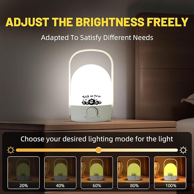 Table Lamp, Night Light for Kids,1200mAh 2 Colors, with Pumpkin Pattern, Wireless Rechargeable Camping Light, Halloween Outdoor Lighting Power Outage Small Lamps,White B