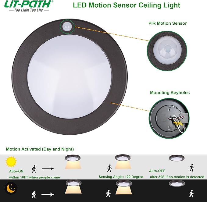 LIT-PaTH LED Flush Mount Ceiling Light, Closet Lighting Fixture with Motion Sensor, 10.5W, 700 Lumen, 6.2 Inch, Anti-Rust Galvanized Housing, Bronze Finish 3000K 2-Pack
