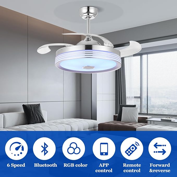 42 inch Retractable Ceiling Fan with Lights and Remote Control, 6Speed Dimmable Fandelier, Modern Smart Ceiling Fan Light with Bluetooth Speaker, RGB Color Reversible Bedroom Living Room
