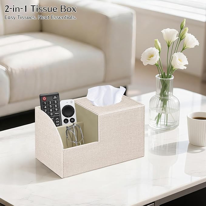 Fanousy Square Tissue Box Cover with Storage, PU Leather Cube Tissue Box Holder, Remote Control Nightstand Organizer, Modern Desk Caddy for End Table, Bathroom, Bedroom, Home, Office Decor