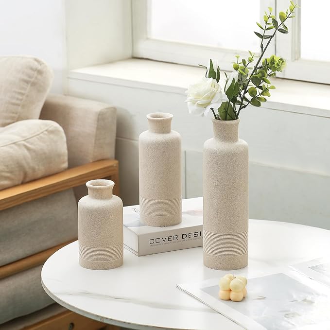 Flower Vase Set, Stone Look, 3 PCS Small Decorative Bud Vases for Pampas Grass, Farmhouse Decor, Kitchen, Living Room, Bathroom, Bedroom, Office, Shelf Centerpiece Table Decoration (Beige)