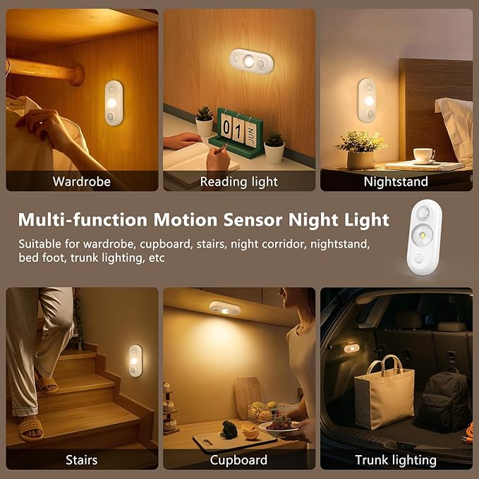 inShareplus LED Motion Sensor Puck Lights, Magnetic Under Cabinet Light Indoor, Small Rechargeable Night Light, Dimmable Sensor Lights for Closet, Stairs, Kitchen, Warm White (6 Pack)