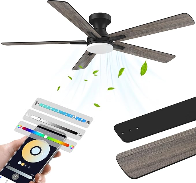 52 Inch Ceiling Fans with lights,RGB Low Profile Ceiling Fan with Light and Remote Control,APP,Black Flush Mount Ceiling Fans for Small Bedroom,Patio,Porch,Outdoor Indoor Use,5 Blades,Dimmable,Quiet
