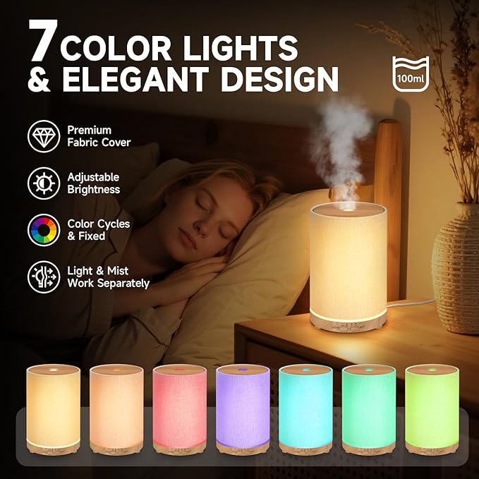 URPOWER 100ML Essential Oil Diffusers for Home with Linen Cover 7 Color Changing Lights, Timer & Auto-Off Scent Diffuser Oil Machine Humidifier Aromatherapy Air Diffusers for Bedroom, Office