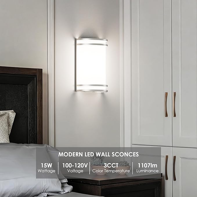 Aipsun Modern Wall Sconces 15W LED Indoor Hardwired Wall Sconce Lighting Dimmable Wall Lights for Living Room Hallway Bedroom (Brushed Nickel)