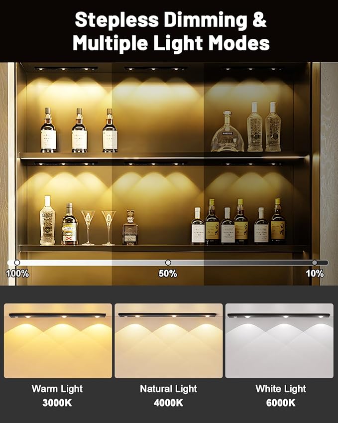 Pak Under Cabinet Lights, Rechargeable Motion Sensor Light Indoor, Wireless and 3-Color Dimmable with Cat’s Eye Hill Effect, for Display Cabinets, Showcases, Wine Racks, 2 Pack, Black
