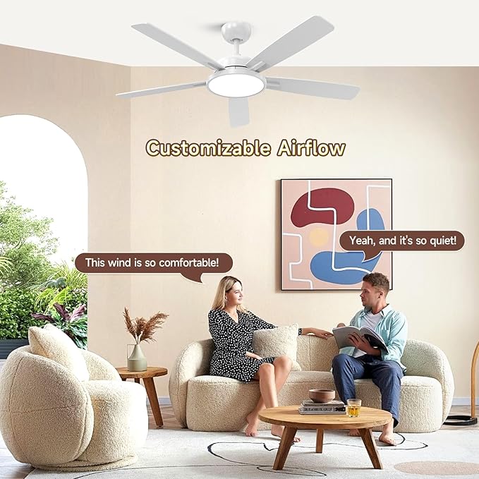 Roomratv Ceiling Fans with Lights,52 Inch,Remote Control,Dimmable,Quiet Reversible DC Motor,White Ceiling Fan for Living Room,Bedroom,Kitchens,Outdoor Patio,Farmhouse