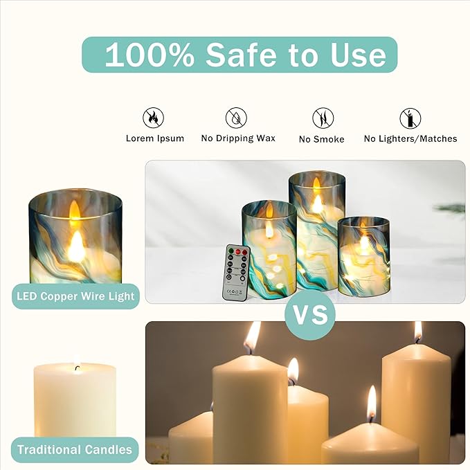 Printed Flameless Candles with String Lights - Set of 3 Battery Operated Candle Flickering Floral LED Pillar Candles with Timer Remote for Home Decor Romantic Ambiance,BG
