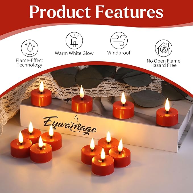 Eywamage Red Flameless Tealights with Remote Batteries, Flickering LED Tea Lights Votive Candles Proposal Decor Set of 12
