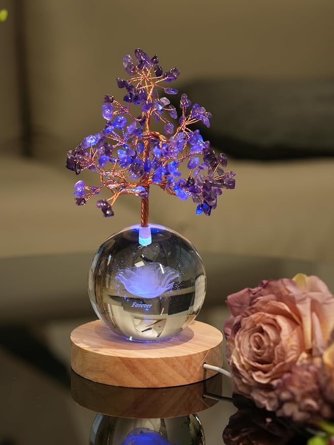 Amethyst Crystal Tree of Life for Positive Energy, Chakra Healing Tree with Remote Control Multicolor Night Light for Home, Office, Desk Decor, Purple Gift for Women, Girls (Rose)