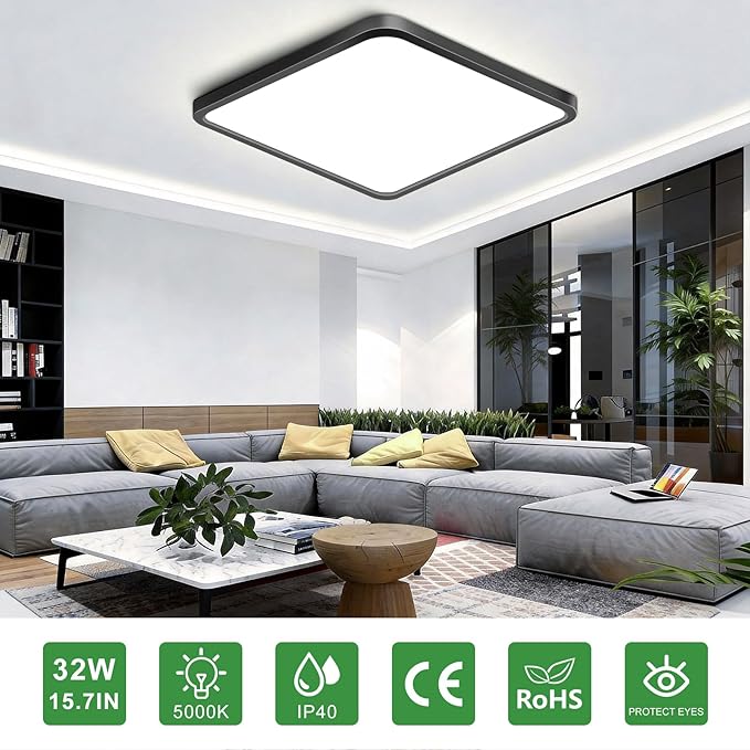 15.7Inch 32W Square LED Ceiling Light Fixtures Flush Mount, 5000K Daylight White LED Ceiling Lamp, Surface Mount Modern Ceiling Lights, Black Slim Flat Panel Lighting for Bedroom, Kitchen, Bathroom