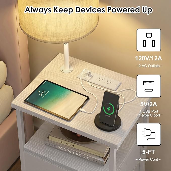 Fixwal Bedside Table with 3 Color Temperature Reading Light, Nightstand with LED Light & Charging Station End Table with Adjustable Fabric Drawer for Bedroom, Dorm, White