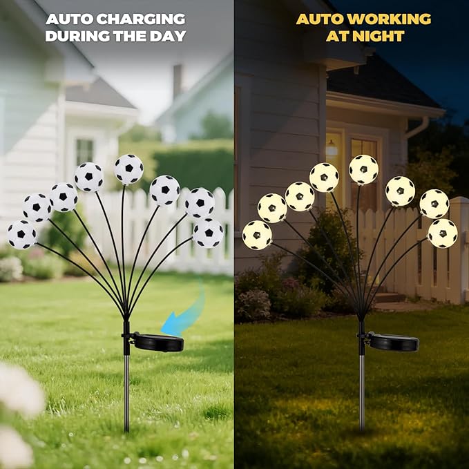 Solar Football Garden Lights – Swaying LED Solar Lights Outdoor for World Cup Decor, Outdoor Waterproof Patio & Yard Lights with Flexible Wire & Heavy Base, Warm White (4 Pack)