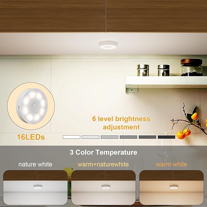 16 LEDs Under Cabinet Lights [with Remote], 3 Pack Wireless Motion Sensor Rechargeable Light Puck Light, 3 Color Temps Dimmable 3000-6000K, Closet Lights for Cabinet, Closet, Kitchen, Hallway, Stairs