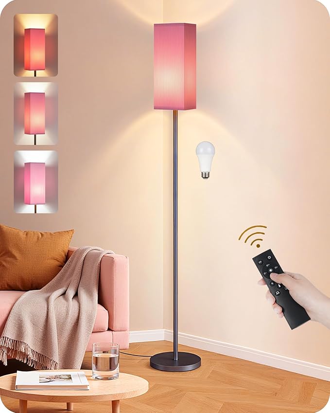 64.2” Dimmable Floor Lamp for Living Room with Remote and Foot Switch, Corner Floor Lamp for Bedroom, Includes 10W A19 Bulb, Modern Standing Tall Lamp, ETL Listed Pink and Black P17LD05