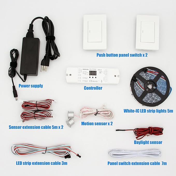 Motion Sensor with Daylight Sensor LED Stair Light Kit KMG-45, 16.4FT Warm White 3000K Cuttable LED Strip Light for Indoor Handrail Stair Lights