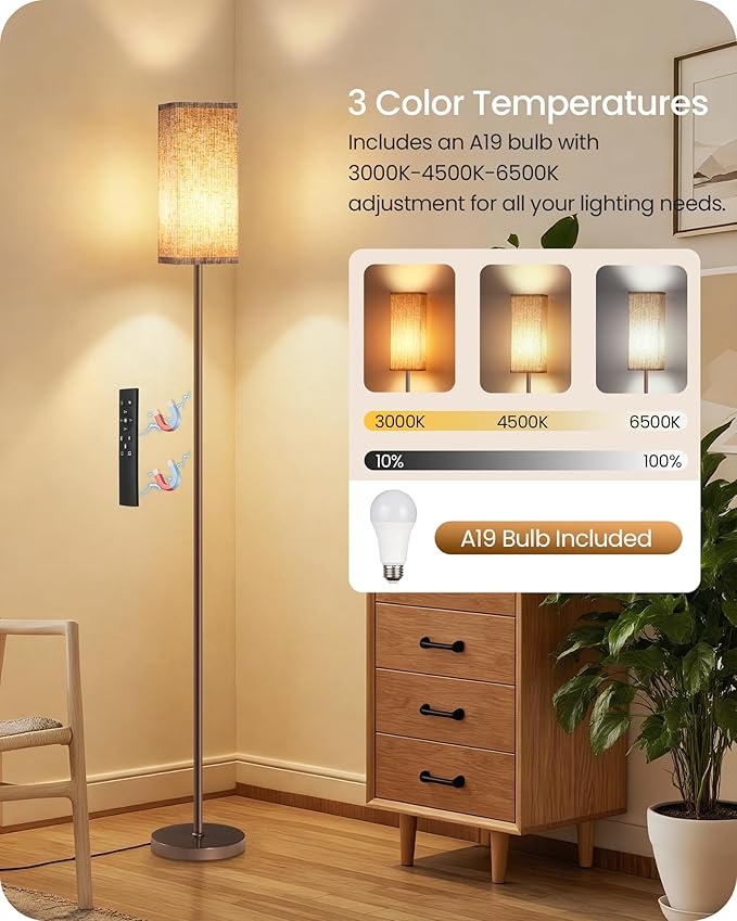 64.2'' Dimmable Floor Lamp for Living Room with Remote and Foot Switch, Corner Floor Lamp for Bedroom, Includes 10W A19 Bulb, Modern Standing Tall Lamp, ETL Listed Brown and Beige VE17LD05