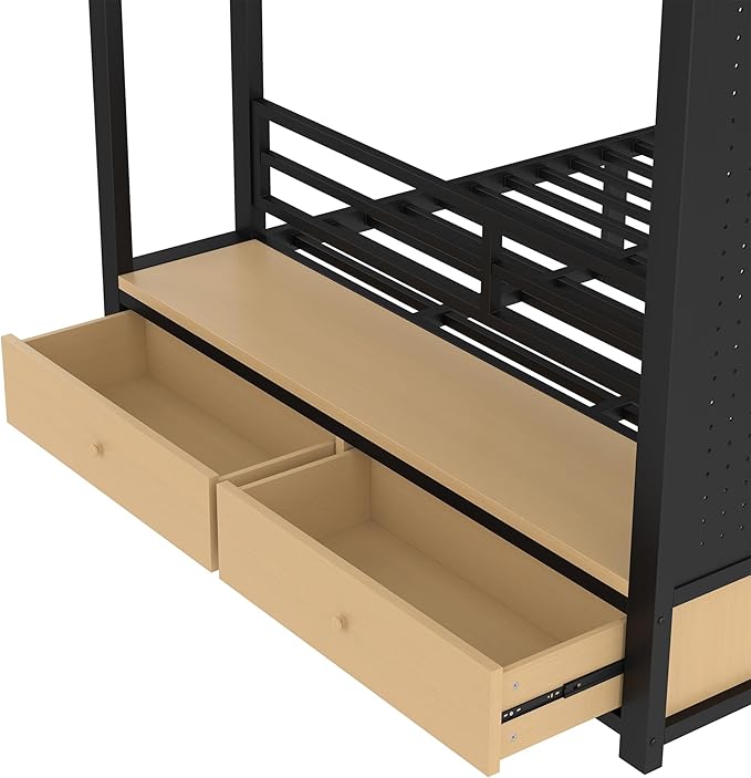 Bellemave Queen Over Queen Metal Bunk Bed with Storage Drawers and Shelves, Heavy Duty Bunk Beds with Pegboard and Coat Rack for Kids, Adults,Black