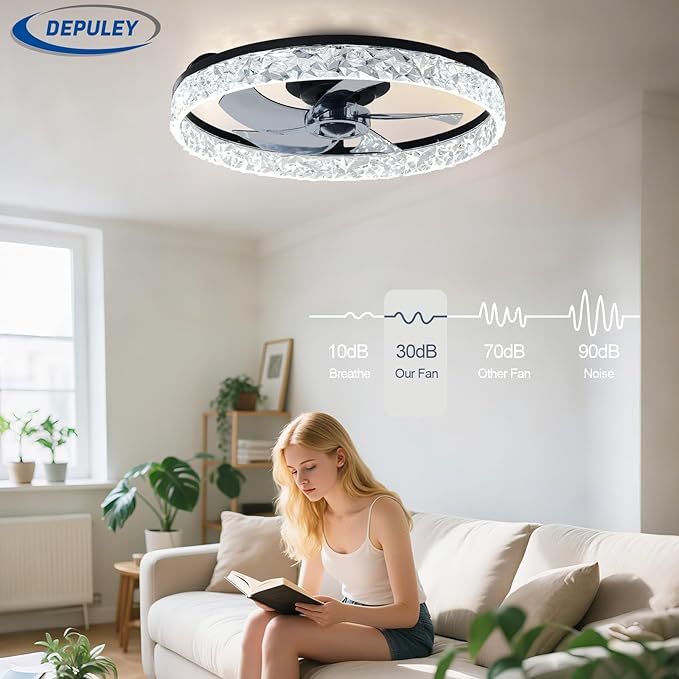 Depuley Bladeless Ceiling Fans with Lights: 20" Black Modern Low Profile Flush Mount Ceiling Fan with App Remote Control - Bedroom Enclosed Crystal Fandelier with Dimmable LED for Living Room Kitchen