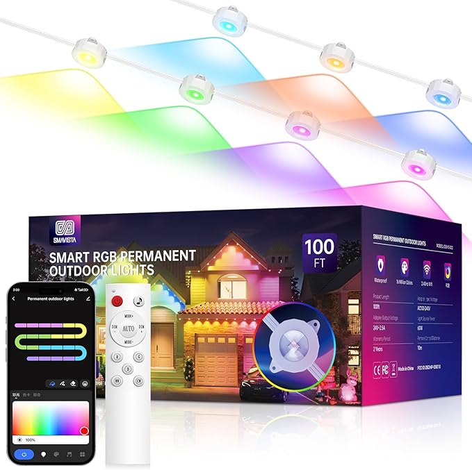 Smart Permanent Outdoor Lights, 100ft with 72 LED RGB String Lights, IP67 Waterproof Eaves Light with 44 Scene Modes for Halloween Christmas Birthday Holiday Party, APP/Voice/Remote Control