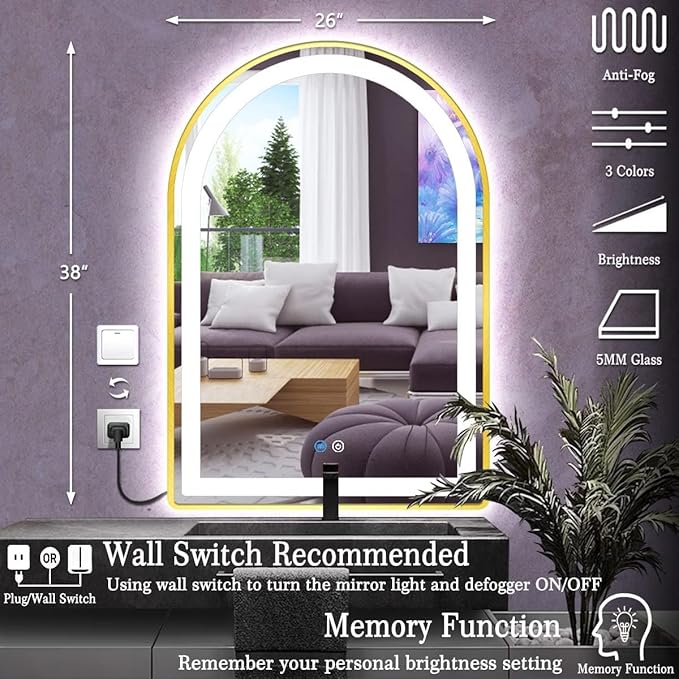 26 x 38 Inch Gold Frame Arch LED Mirror for Bathroom Salon Wall Makeup Table Arch Lighted Vanity Mirror with Lights Smart Memory 3 Color Dimmable AntiFog 38" Gold Smart Light up Arched Mirror