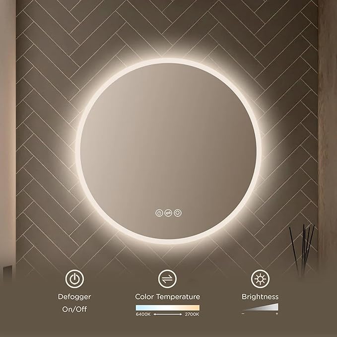 Blossom 24 Inch Large Modern LED Round Bathroom Vanity Mirror, Color Temperature Adjustable, Anti-Fog Dimmable Lights, Easy to Install, Wall Mounted Makeup Mirror with Smart Touch Button