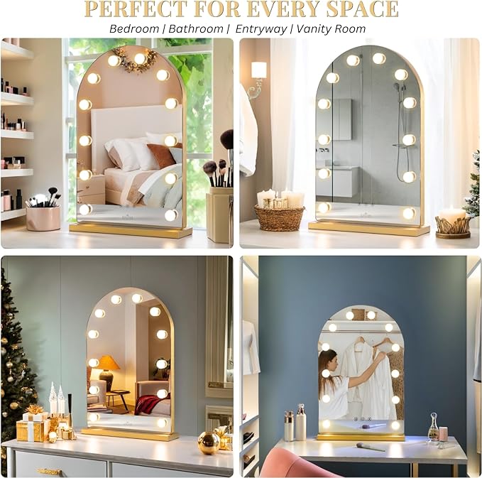 LUXFURNI Hollywood Mirror with Lights Makeup Mirror for Bedroom, Large Vanity Lighted up Mirror with 12 Dimmable Bulbs Smart Touch Control 3 Color Lighting Modes(Gold)