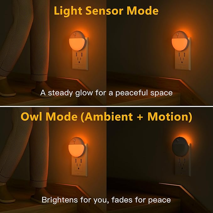 2 Pack Plug in Sleep Night Light with Motion Sensor and Dusk to Dawn Sensor, 3 Modes, Soft Glow, Stepless Dimming, LED Lights for Bedroom, Sleep, Baby Nursery, Kids, Toddler, Home Decor (Amber)