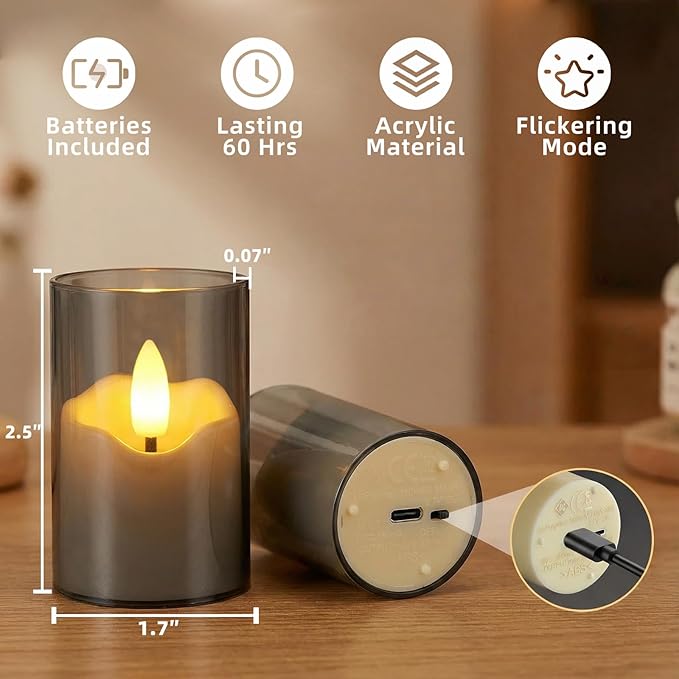 Rechargeable Gray Acrylic Flameless Tea Light 1.7"x2.5" with Remote Control & Timer, Flickering Warm White LED Votive Candles for Home, Wedding, Holiday Decor (Pack of 6)