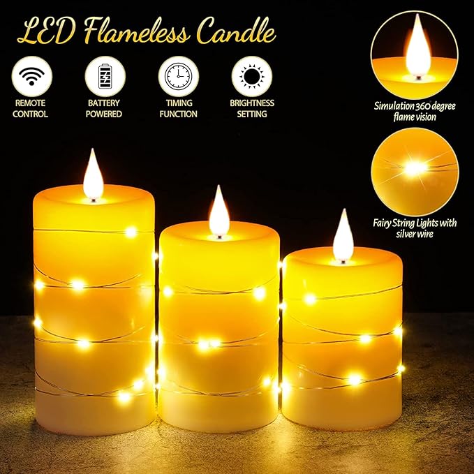 Upinmz Flickering Flameless Candles with Embedded String Lights, Battery Operated Candles with Remote Control and Timer,LED Candles for Home Decoration,Real Wax, 3 Pack Ivory