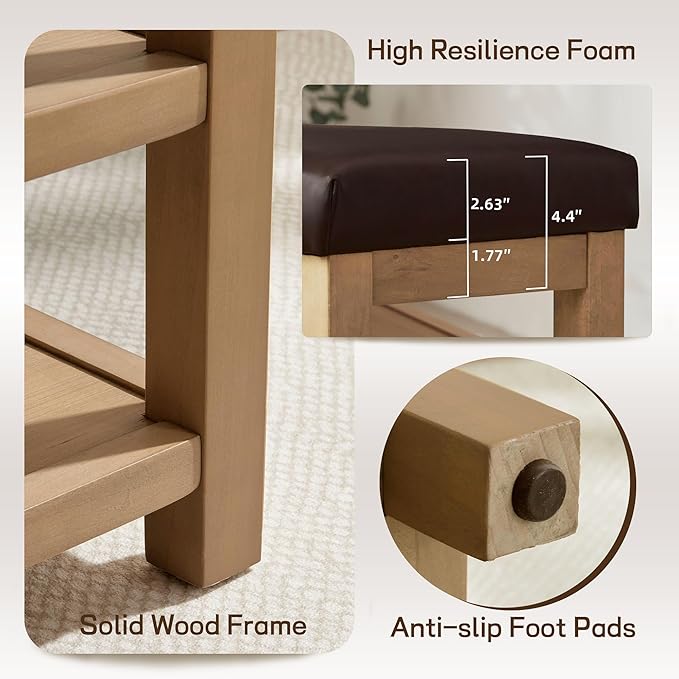 Shoe Rack Bench with Leather Cushion, 2 Tier Solid Wood Storage Bench, Mid-Century Modern Shoe Bench for Entryway, Hallway, Closet, Front Door Entrance, Foyer (Dark Brown, 46.5)