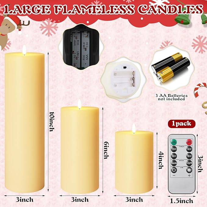 Retisee 3 Pcs Ivory Large Flameless LED Electric Candles with Remote Battery Operated 3D Pillar Flickering Candles for Home Table Porch Outside Indoor Party Wedding Light Decor(4''/6''/10'' x 3'')