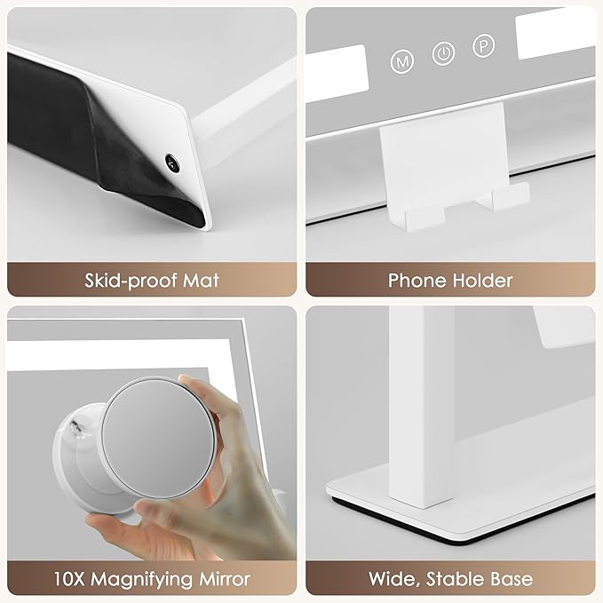 Kottova Vanity Mirror with Lights, 14" x 12" LED Makeup Mirror, Lighted Makeup Mirror with 10X Spot Mirror,Smart Touch 3 Colors Dimmable,360° Rotation, Plug in(White)