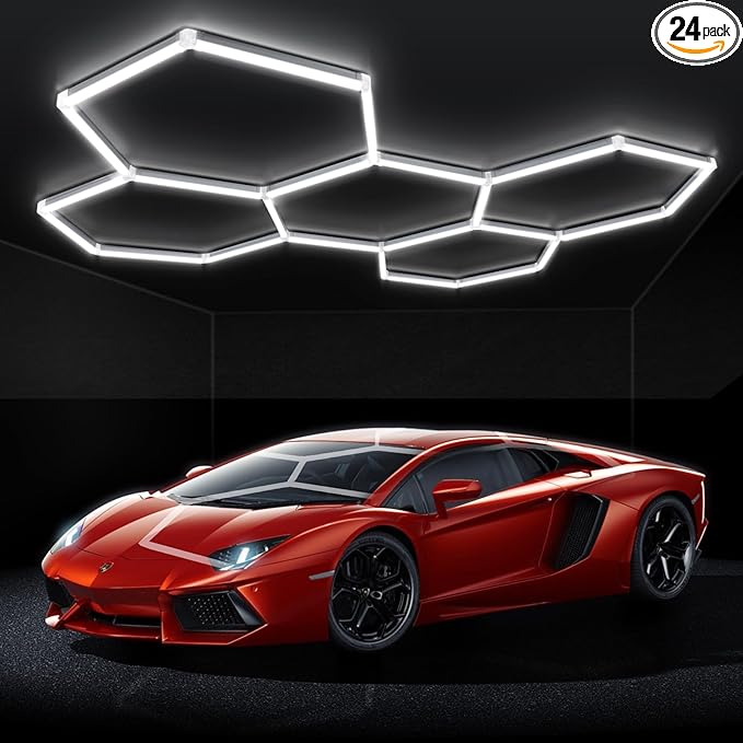 BRILLIHOOD LED Hexagon Garage Lights, 24 Pack Car Garage Light Tubes, 192W, 23040LM, 6500K Super Bright, 5 Grid Systems Car Detailing LED Hex Light for Warehouse Workshop Basement Gym