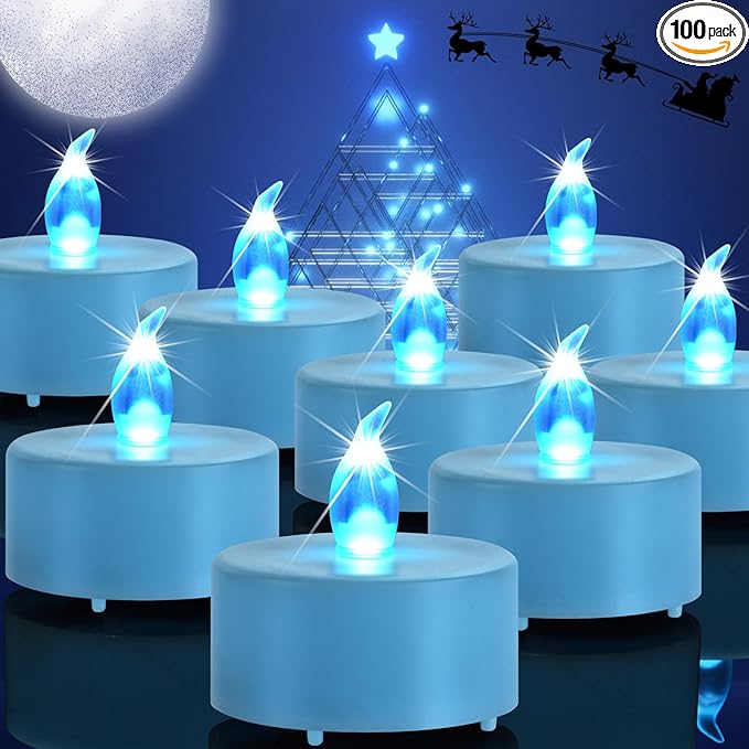 Tea Lights Flameless Battery Operated Candles-LED Flickering Votive Candle Long Lasting 200 Hours,100 Pack Realistic and Bright for Seasonal Festive Celebrations Decoration (Blue)