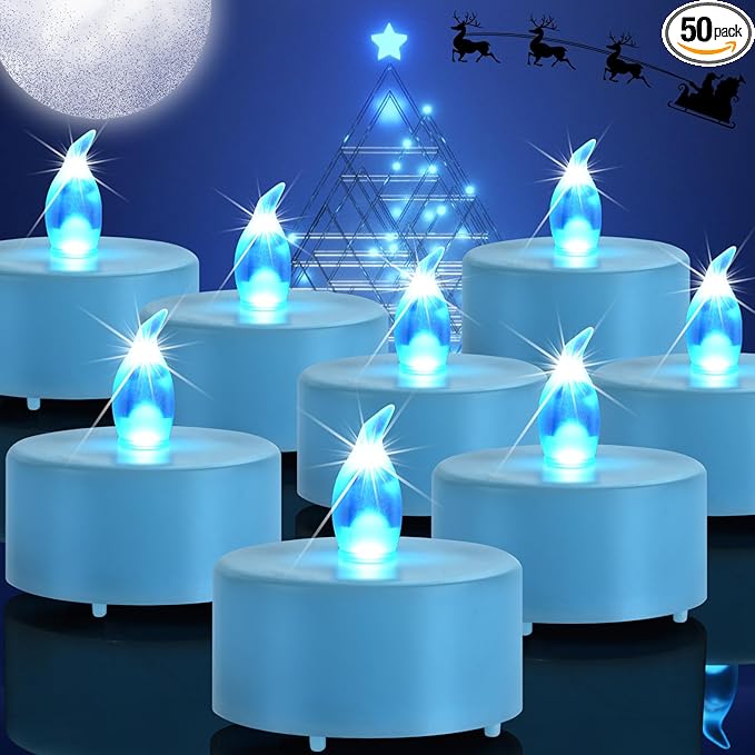 Tea Lights Flameless Battery Operated Candles-50PACK LED Flickering Votive Candle Long Lasting 200 Hours, Realistic and Bright for Seasonal Festive Celebrations Decoration Blue