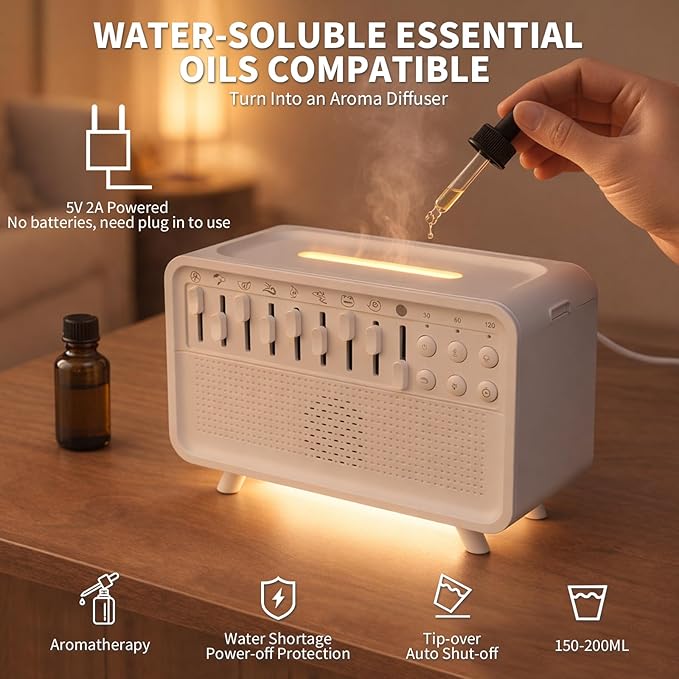 4-in-1 White Noise Sleep Sound Machine with Humidifier, Diffuser, Bluetooth Speaker & Night Light, 8 Natural Sounds, USB Powered, Timer, Sound Machine for Sleeping Adults and Baby, Bedroom, Yoga