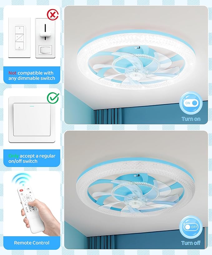 2 in 1 Wifi RGB-LED 20” Ceiling Fans with Lights and Remote, 3000-6500K Dimmable Flush Mount Smart Low Profile Ceiling Fan with Lights, Bluetooth Bladeless Fans with APP, for Bedroom, Blue