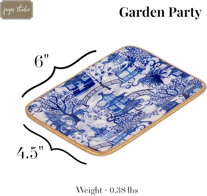 Jaye’s Studio Garden Party Decorative White and Blue Soap Dish for Bathroom, Enamel Tray, Vanity Tray for Dresser, Countertop, Sink Soap Tray for Desk, Jewelry Tray Gold, Key Plate, Chinoiserie Decor