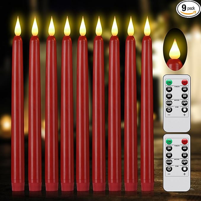 Flameless Taper Candles with Remote Control,9PACK Plastic LED Candle, Flickering Battery Operated, 9.2'’Classic Tall Candles for Wedding, Party,Christmas,Home Decor (Red)