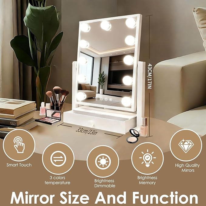 Vanity Mirror with Lights, Vanity Makeup Mirror with 9 Dimmable LED Bulbs, 3 Color Lighting Modes, Detachable 5X Magnification, LED Vanity Mirror with Drawer, Smart Touch Control,White